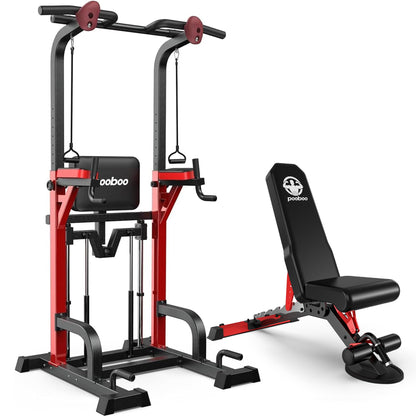 Power Tower Dip Station Pull Up Bar for Fitness Home Gym Workout,450 Pounds Multi-Function Adjustable Height Fitness Strength Training Exercise Equipment,with Weight Bench