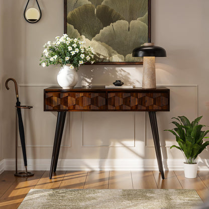 Bme Console Modern Mid-Century 2 Drawers, Unique Geometric Design Sofa Table for Entryway, Hallway, Living Room, Walnut