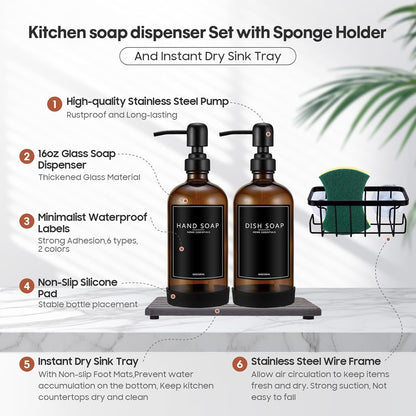 NEECZS Set Holder,16 Oz Set,Stainless Kitchen Soap Dispenser with Instant Dry Tray & Sponge Hand and Dish Soap Amber