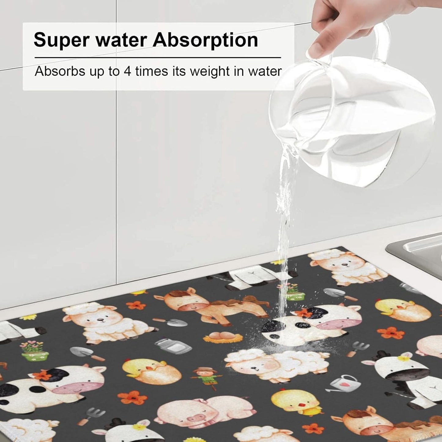 Farm Animal Dish Drying Mat for Kitchen Counter, Cute Microfiber Absorbent Reversible Drainer Rack Pad, 18 x 24 Inch