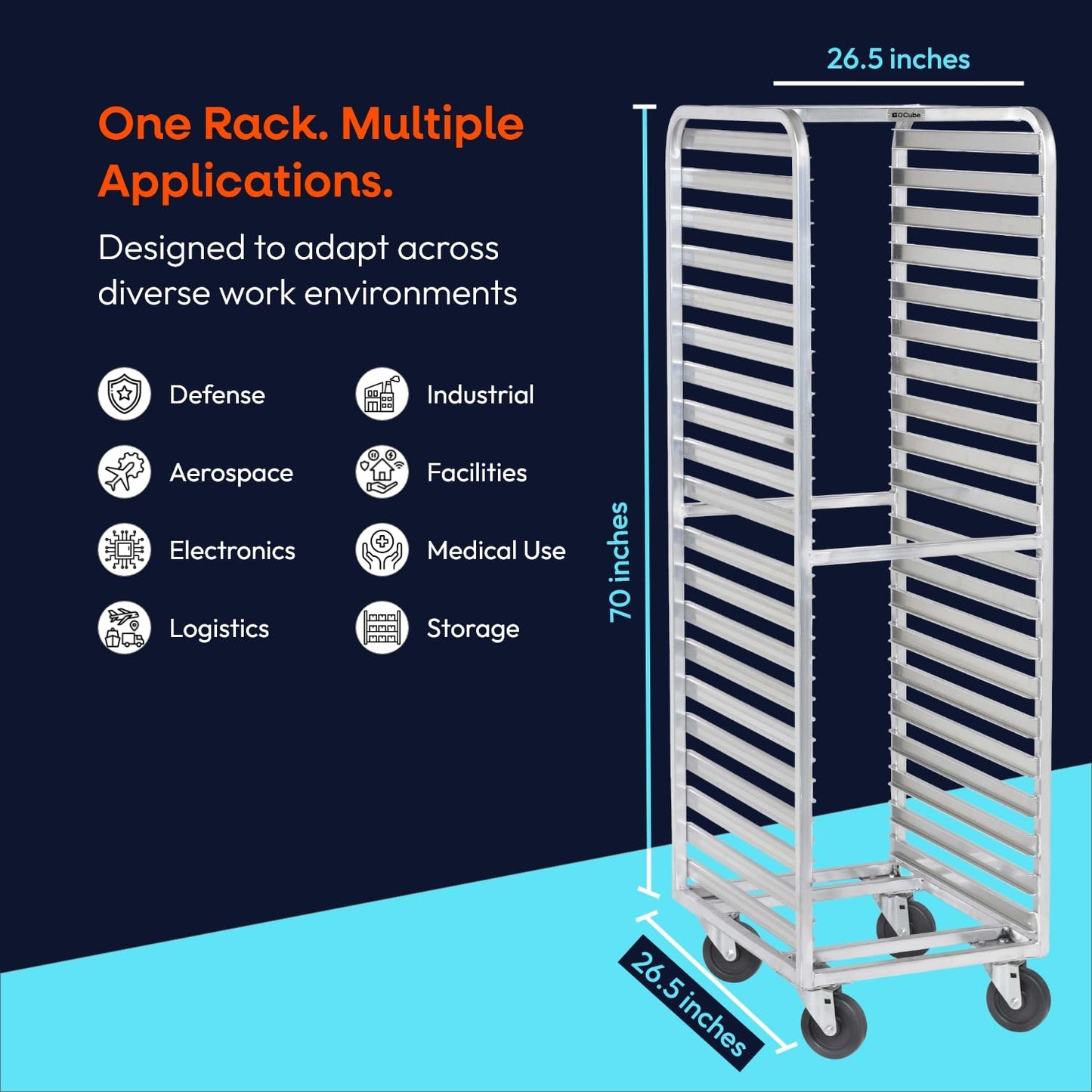 DCUBE Aluminum 20-Pan Bakery Rack with 3" Spacing, Heavy-Duty Double-Welded Frame, Side Load Pan Slides, 5" Polyolefin Swivel Casters, Commercial Sheet Pan Rack for Bakery, Kitchen & Food Service