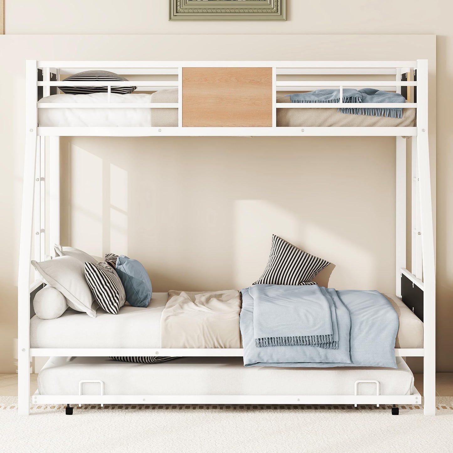 Metal Twin Over Full Bunk Bed with Trundle,Heavy Duty Bunk Beds Twin Over Full, Space-Saving Bunk Bed for Kids/Teens/Adults,White