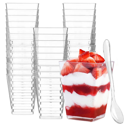 Zezzxu 5 oz Square Mini Dessert Cups with Spoons - 50 Pack Plastic Pudding & Parfait Cups Party Dessert Shooters for Serving Trifle Mousse Cake Appetizers