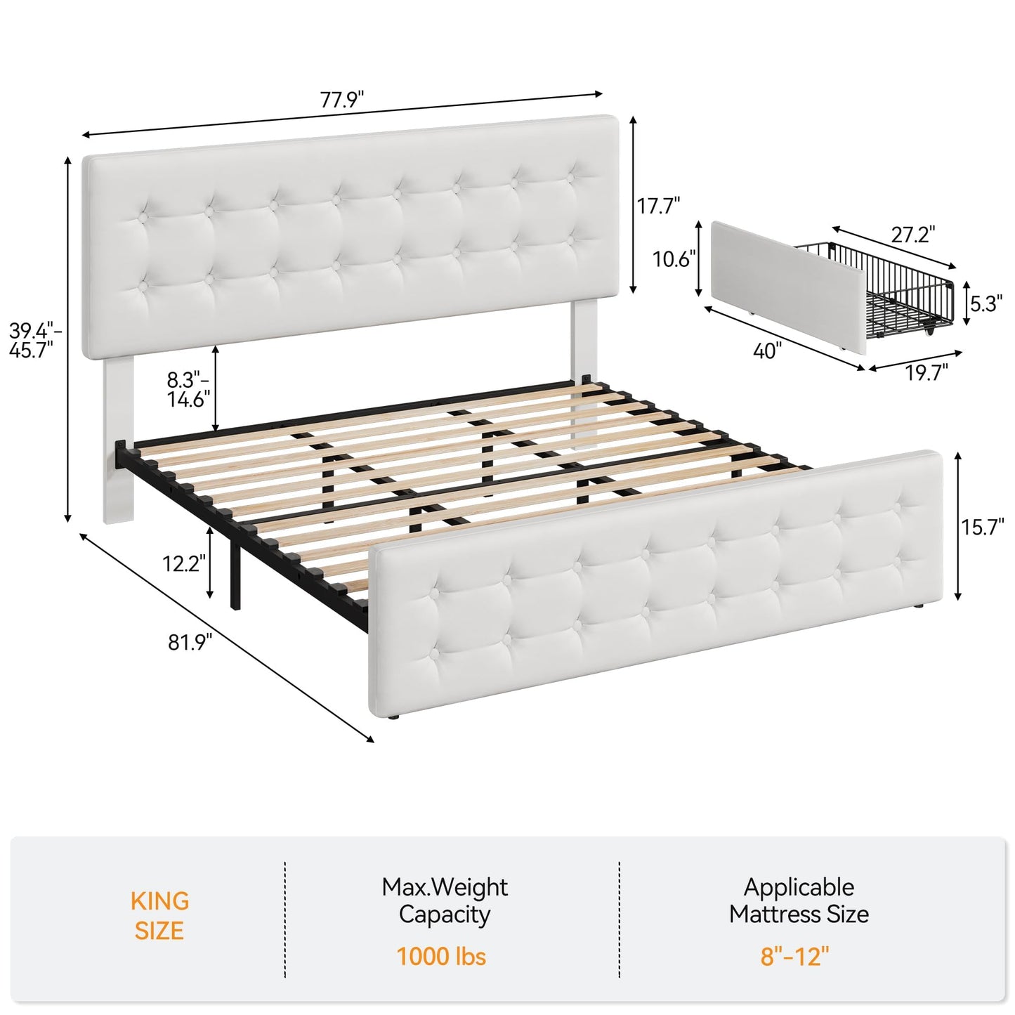 GarveeHome King Size Bed Frame with 4 Storage Drawers and Faux Leather Upholstered Headboard, Wooden Slats Support, Button Tufted Design, No Box Spring Needed, White