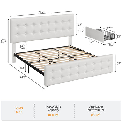 GarveeHome King Size Bed Frame with 4 Storage Drawers and Faux Leather Upholstered Headboard, Wooden Slats Support, Button Tufted Design, No Box Spring Needed, White