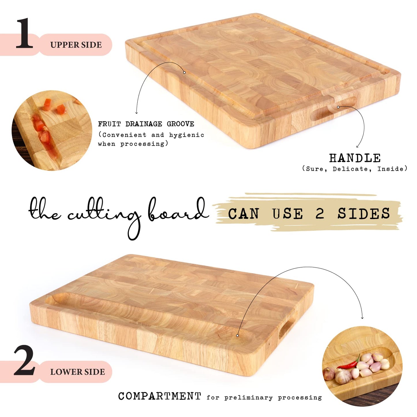 End Grain Cutting Board, Extra Large & Thick, End Grain Built-In Compartment and Juice Canal, Heavy Duty Chopping Board, Thick Carving Board for Bread Fruits Meat (17x13 Inches)
