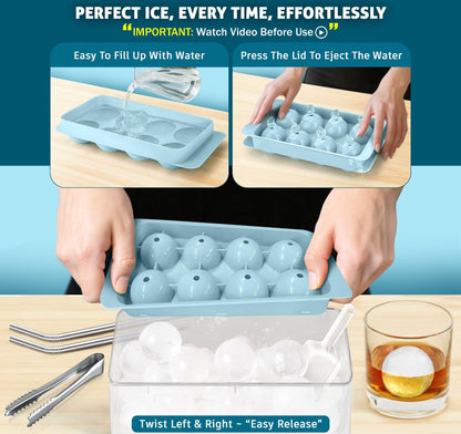 1.8in Large Ice Cube Molds - Big Round Whiskey Ice Trays for Freezer with Bucket, Scoop, Tongs, 2 Straws - Easy to Fill & Release, Bourbon Cocktail (3 pack, 8 Balls)