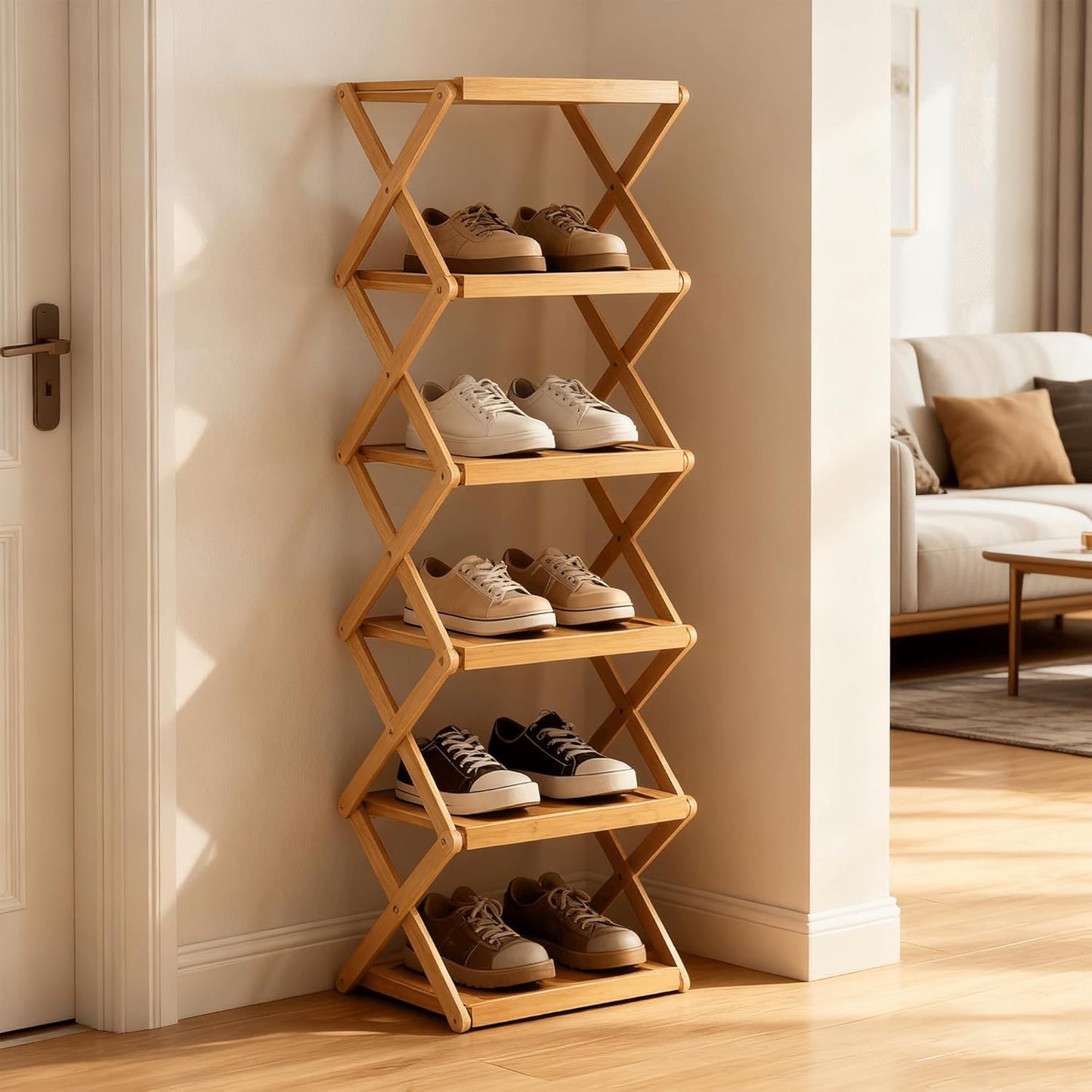 3 Closet(Original Tier Foldable Shoe Rack, Natural Bamboo Space Saving Shoe Storage Organizer,Easy Assembly & Strong