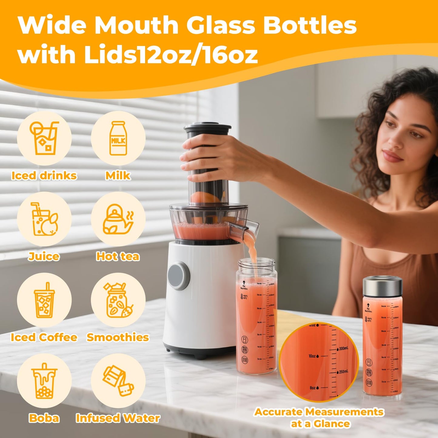 Sursip Glass Juice Bottles 6 Pack 12 oz – Wide Mouth Borosilicate Glass Bottles with Lids – Heat-Resistant, Leakproof, BPA Free, Reusable for Juicing, Smoothies, Milk, Protein Drinks, Water