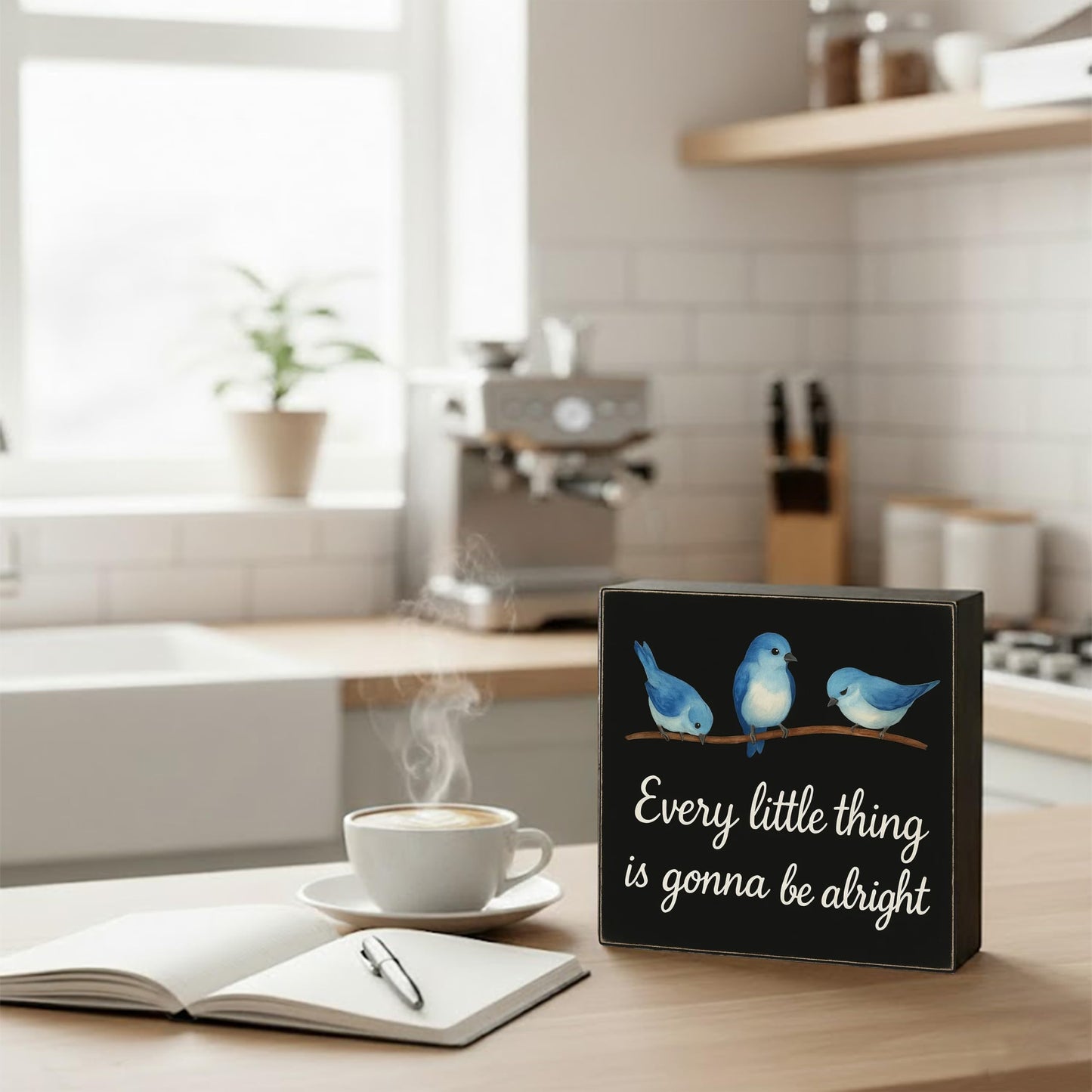 Every Little Thing is Gonna Be Alright Wood Box Sign with 3 Birds, Natural Solid Pine Decor for Tabletop and Shelf, Handmade Inspirational Home and Office Gift, 5x5 Inch(Black)