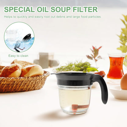Fat Separator with Bottom Release and Oil Strainer Gravy Separator 4 Cups or 1000ml Fat Strainer Measuring Cup Plastic Soup Oil Separator Fat Skimmer for Gravy Sauces and Other Liquids Black
