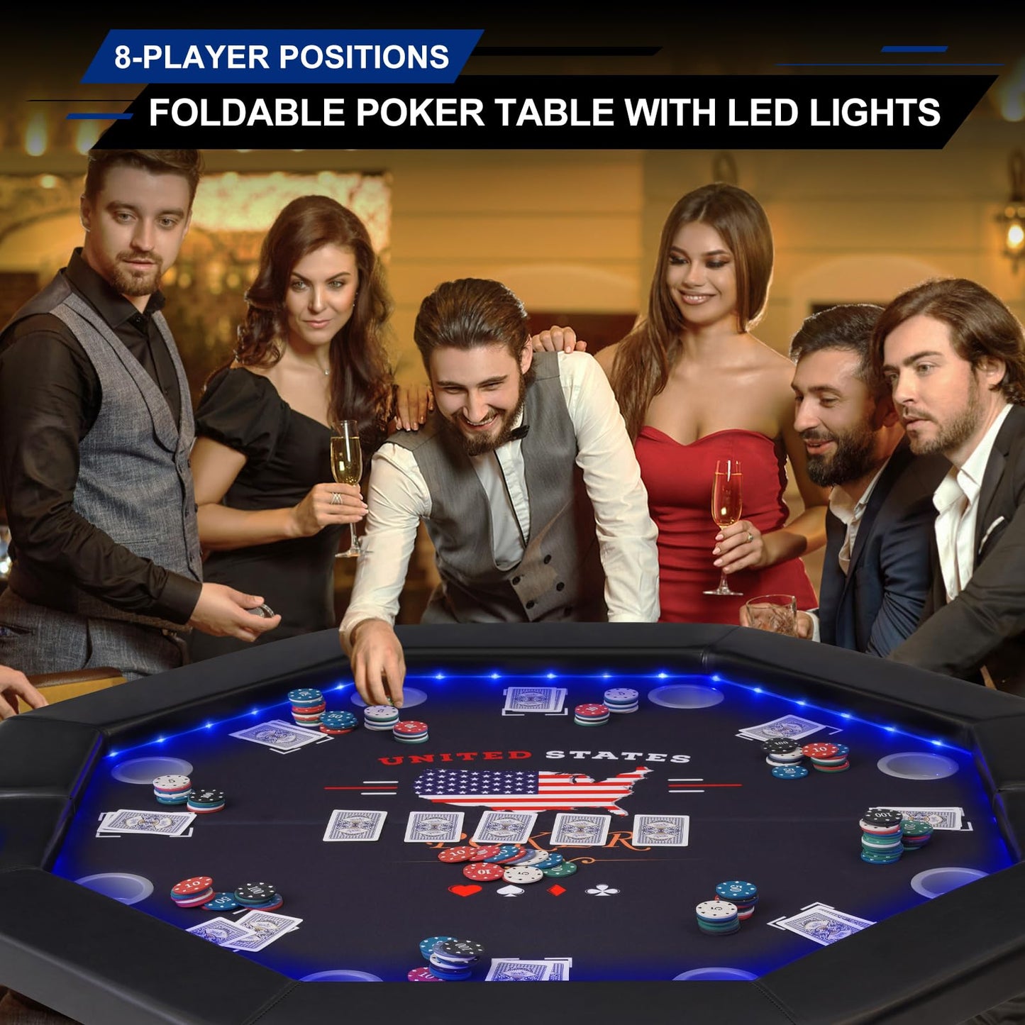 REAHOISY Foldable Poker Table with LED Lights, Octagon Casino Leisure Texas Holdem Table for 8 Player, Folding Blackjack Table w/Built-in LED Light, Padded Rails & Cup Holders for Home Game Room