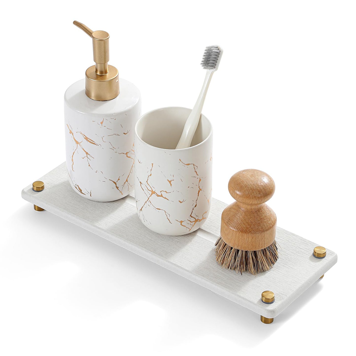 Razborci Water Absorbing Stone Sink Caddy Kitchen Sink Organizer Tray, Diatomite Bathroom Counter Tray, Gold Faucet Drying Mat Coaster Soap Dish Rack Riser Dispenser Sponge Holder, Beige 12.5" x 4.5"