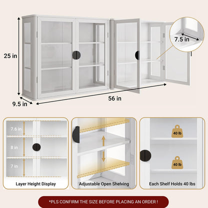 FIMELLO 56’’W Wall Cabinet with Tempered Glass Doors, Bathroom Cabinet Wall Mount, Kitchen Wall Cabinet, Floating Cabinet for Bathroom, Wall Mount Salon Station for Barber, Beauty, White