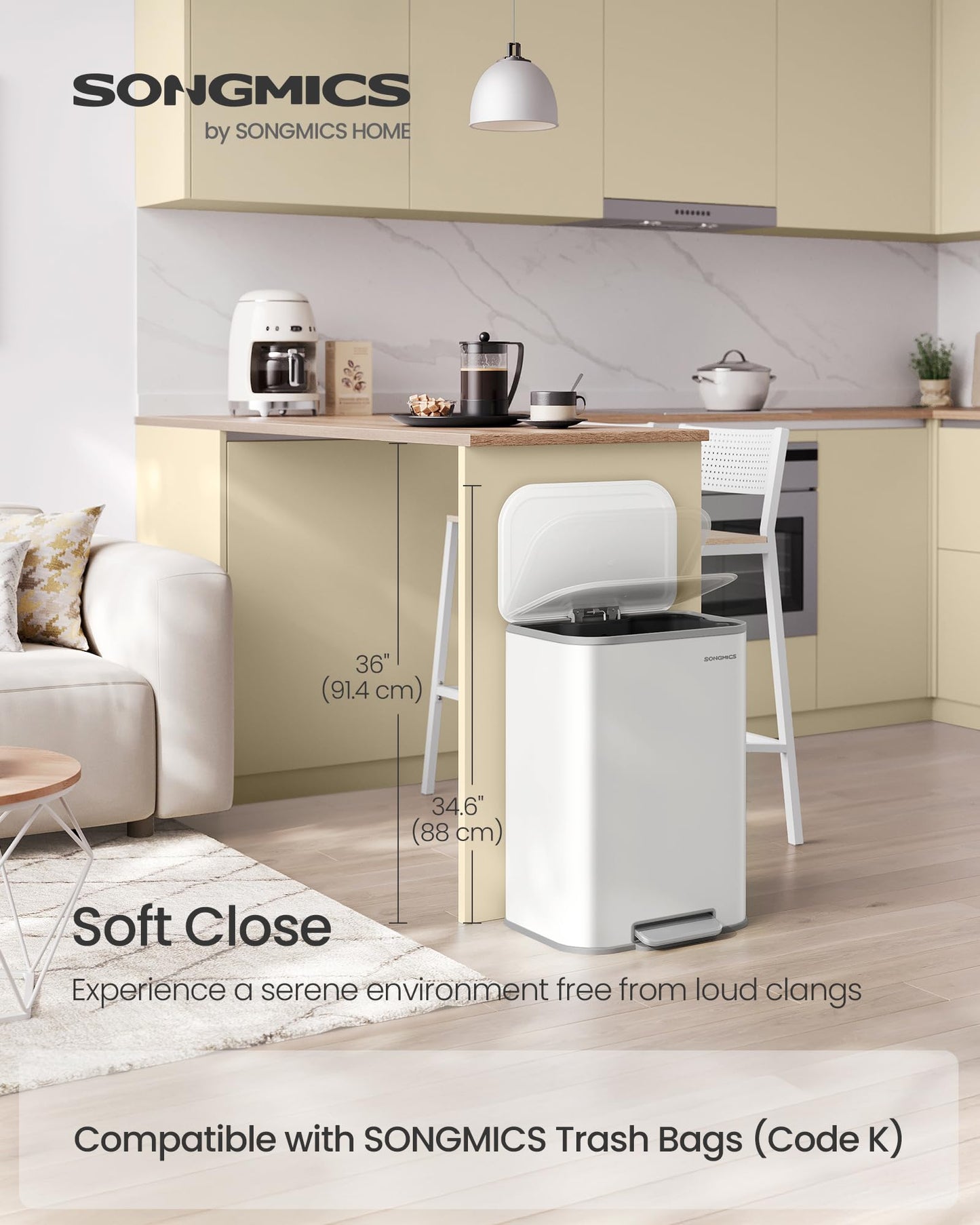 SONGMICS Kitchen Trash Can, 13-Gallon (50 L) Garbage Can with Lid, Stainless Steel, Soft Close and Stays Open, Inner Bucket, Wide Non-Slip Pedal, Cloud White ULTB547W01
