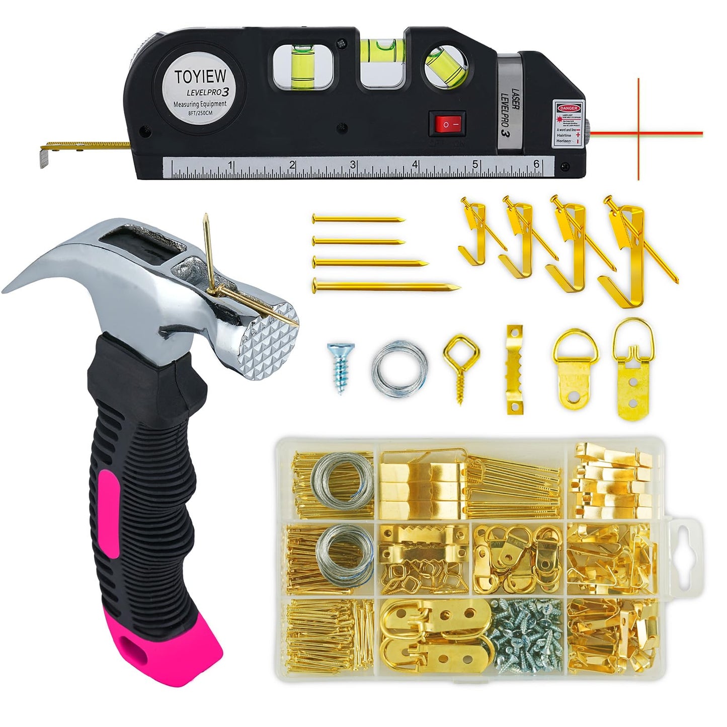 TOYIEW Picture Hanging Kit Tool, 352pcs Hanging Hardware with Heavy Duty Frame Hooks, Wire, Nails, D Rings, Photo Sawtooth Hangers, Wall Art Hanging Kit with Laser Level, Pink Claw Hammer