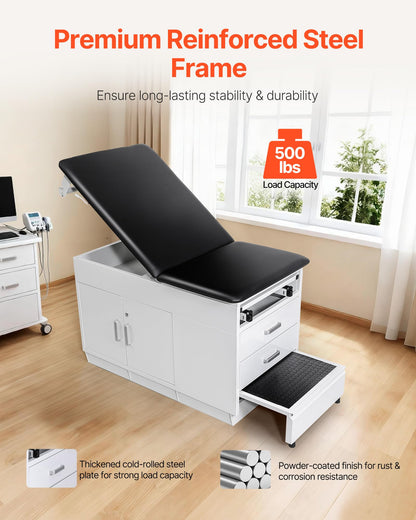 VEVOR Pro Medical Exam Table, Medical Examination Bed with Adjustable Backrest, Physical Therapy Exam Table with Locking Cabinet, 2 Drawers, Paper Roll Dispenser, Step Stool & Leg Rest, 500LBS Loading