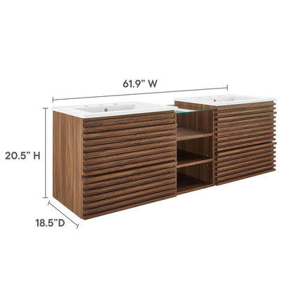 Modway Render 62 Inch Mid-Century Modern Floating Bathroom Vanity with Double Sink in Walnut White – Wall-Mount Vanity with Storage Cabinet and Dual Ceramic Sinks