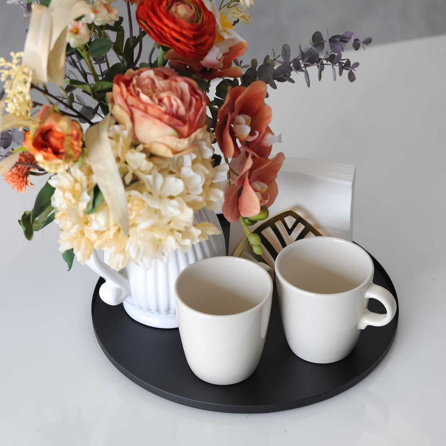 Hammered Counter 12 inch FREELOVE Black Tray, Round Serving Platter, Bar Circle Decorative Plate, Coffee Table Metal