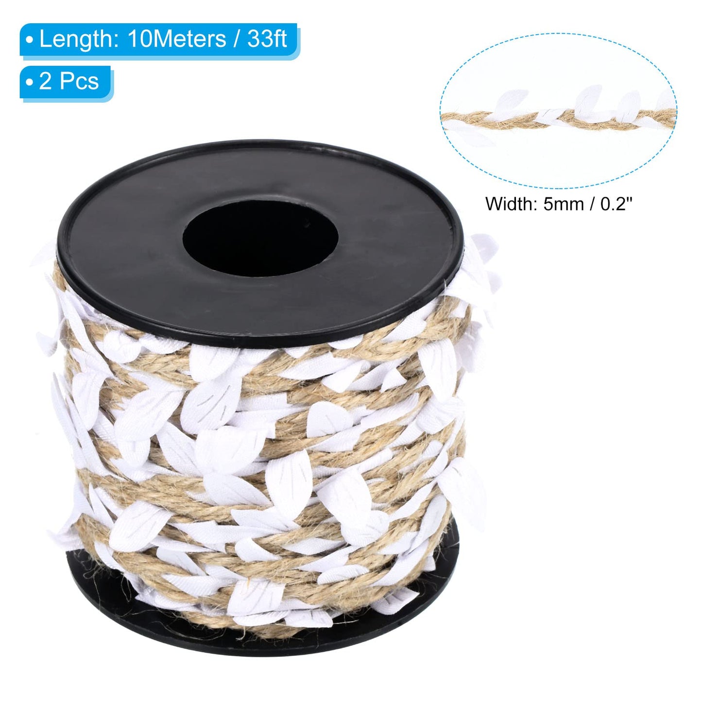 PATIKIL 33ft 5mm Burlap Leaf Ribbon, 2 Roll Braided Decoration Vine Natural Jute Rope Twine with Artificial Leaves for Jungle Wedding Party Home Garden Decor, White