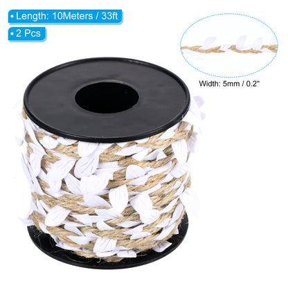 PATIKIL 33ft 5mm Burlap Leaf Ribbon, 2 Roll Braided Decoration Vine Natural Jute Rope Twine with Artificial Leaves for Jungle Wedding Party Home Garden Decor, White