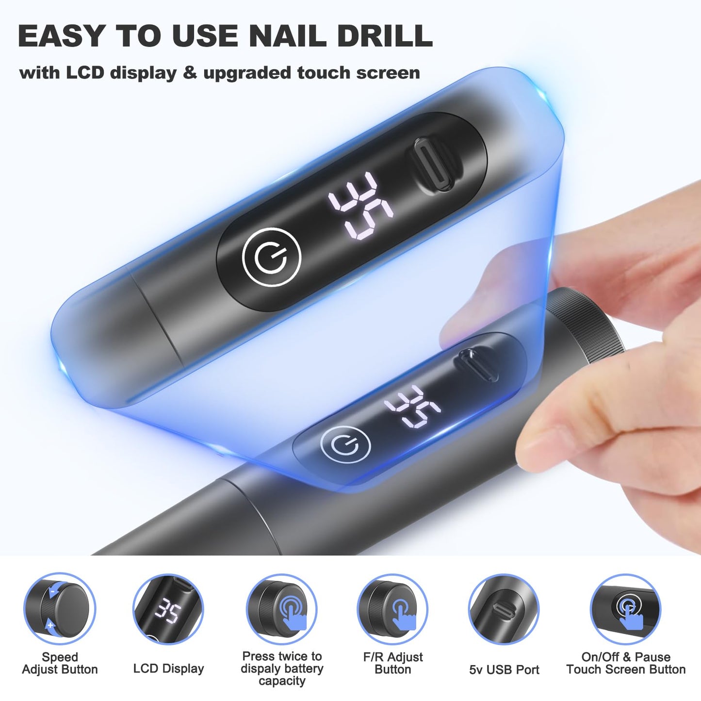 Cordless Nail Drill, 35000RPM Professional Efile Nail Drill Machine, LCD Display Rechargeable Portable Electril Nail Drill with 12pcs Bits and 6pcs Sanding Bands for Acrylic Nails Gel Polish Remover