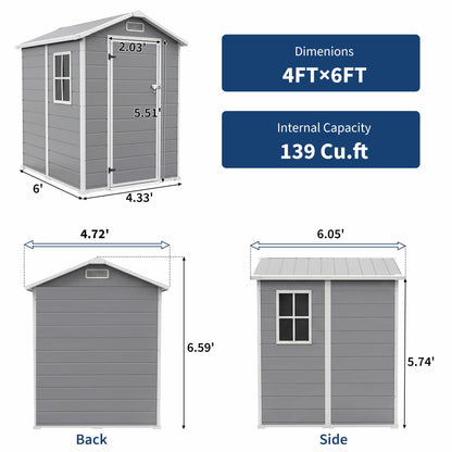 4x6 ft Outdoor Resin Storage Shed with Floor, Lockable Door & Window, Sloping Roof, Plastic Outdoor Sheds with Floor Garden Shed for Backyard Patio Lawn Mower Bike Tool Storage
