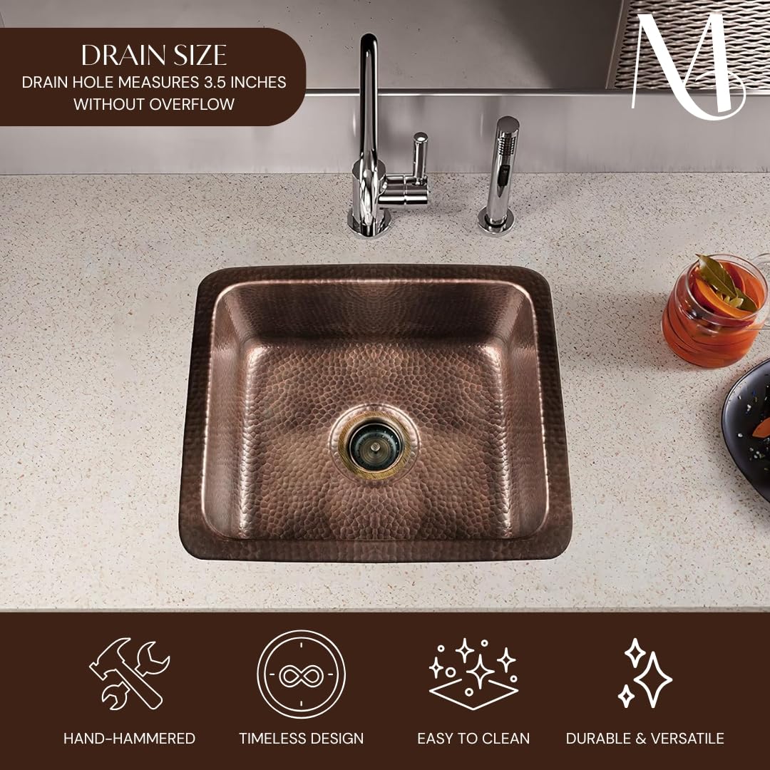 Monarch Abode Kitchen & Bar Sink – 17-inch Highball Dual Mount Drop in Kitchen Sink, Hand Hammered Pure Copper Sinks, Drop in Bar Sinks or Undermount, Deep Single Rectangular Bowl