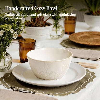 DOWAN 32 OZ Bowls, Soup Bowl Set of 4, Large Ceramic Bowls for Soup, Cereal, Pasta Bowls, Embossed Floral Design, Stackable, Microwave & Dishwasher Safe, for Ramen and Salad