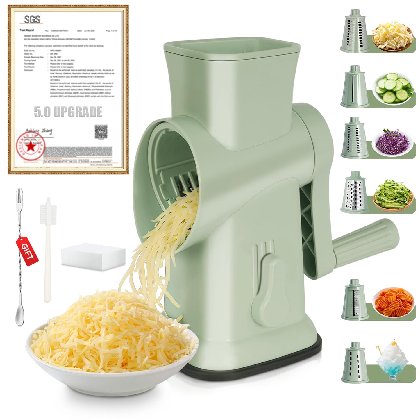 2025 Upgrade 6-In-1 Cheese Grater【 Military-Grade SUS304 Blade - 3S Fast Cut】【SGS Certification - German Nano Strong Suction Base】Cheese Grater Hand Crank Suitable for Home Use (Green 1)