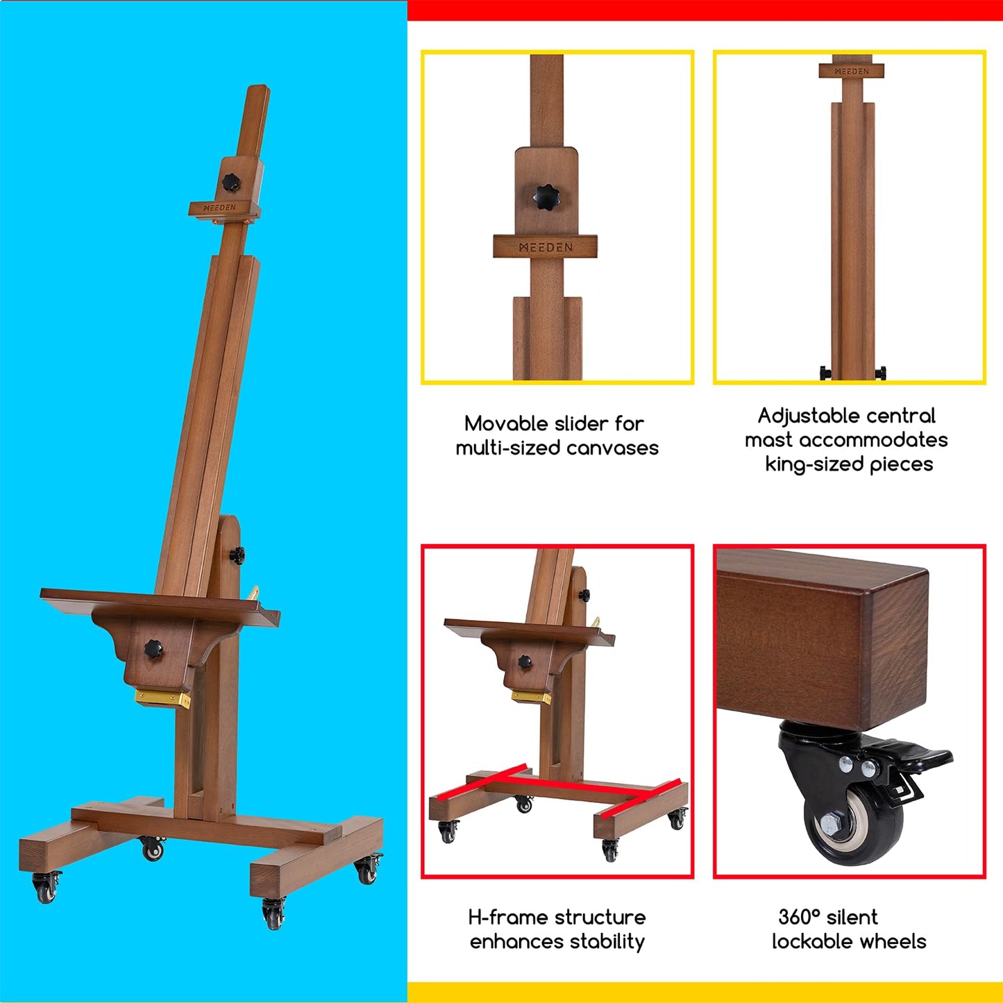 MEEDEN Extra Large Painting Easel: Solid Beech Wood Artist Studio Easel - Professional Art Easel Stand for Adults - Adjustable Movable Tilting Easels for Canvas up to 71"
