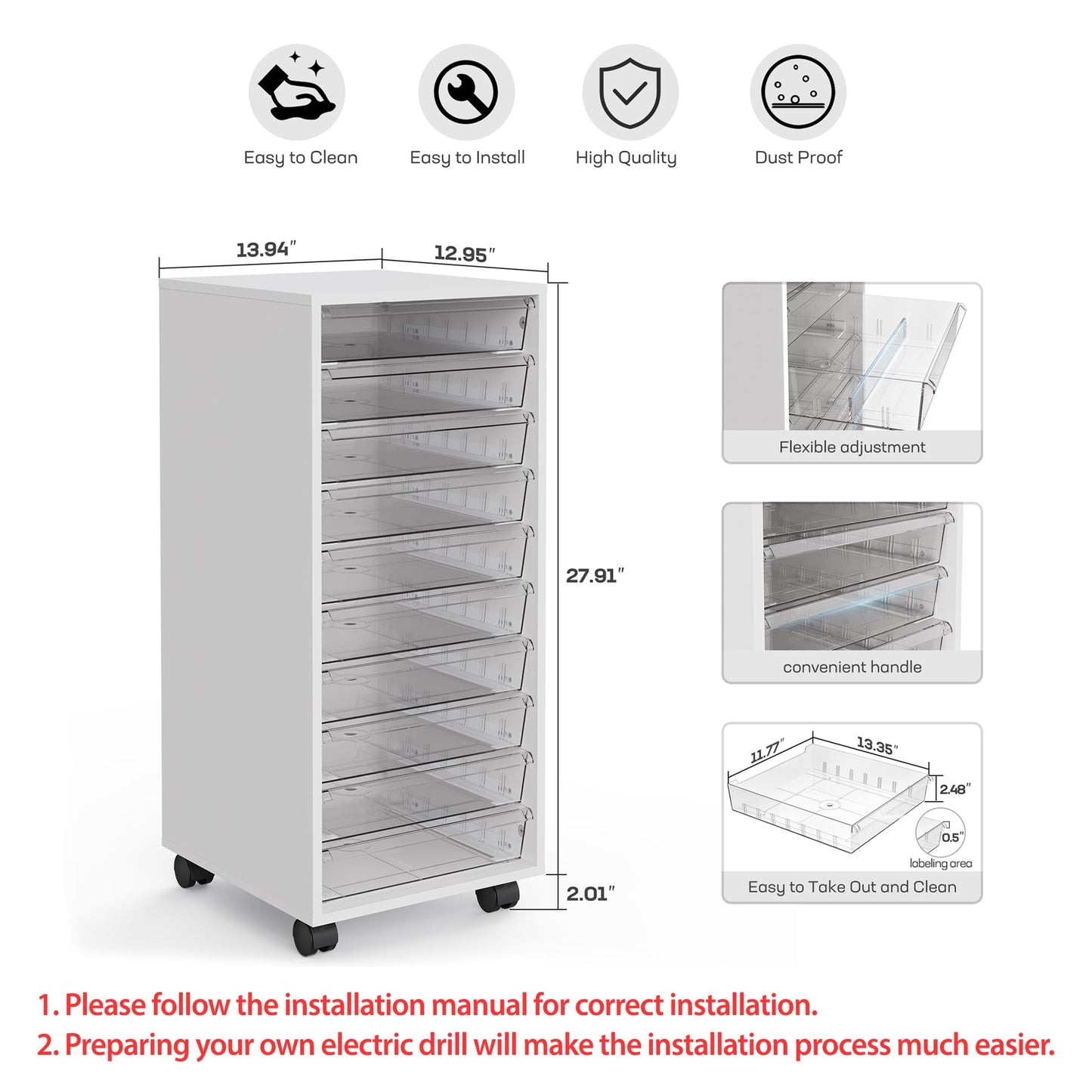WOPITUES Storage Drawer Cart, Mobile Storage Cabinet, Makeup Storage with 10 Large Clear Drawers, Utility Wooden Rolling Cart on Wheels, for Cosmetic, Art Craft, Office Supplies, Toy, White