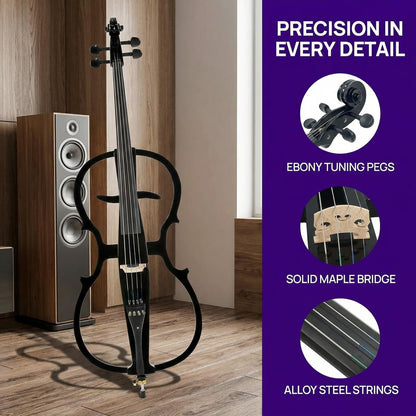 Verahaus Electric Cello 4/4 Full Size Ebony Fittings with Lightweight Cello Bag, Headphones, Bow, Bridge, Rosin, Cello for Beginners Adults(Metallic Black)