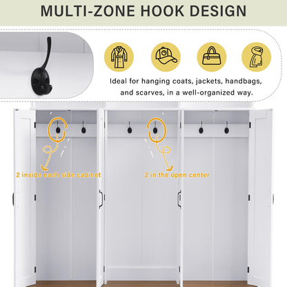 Amposei Farmhouse Hall Tree with Storage Cabinet & Shoe Bench, 78.7''H Tall Entryway Storage Organizer with 4 Doors, 7 Open Cubbies & 6 Coat Hooks for Hallway Mudroom Living Room, White