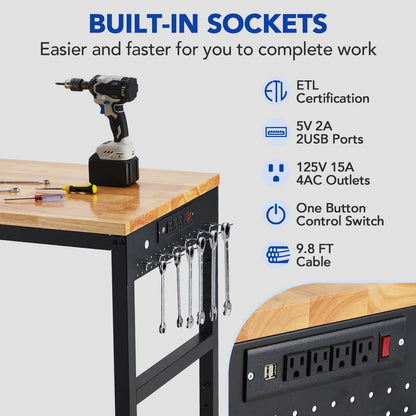 GAOMON 72"x25" Workbench, Heavy-Duty Garage Work Table, Heavy-Duty Table with Power Outlets, Rubber Wood Top, Adjustable Height 29.5"-38.4" for Workshop, Home, Office - 2000 Lbs Capacity