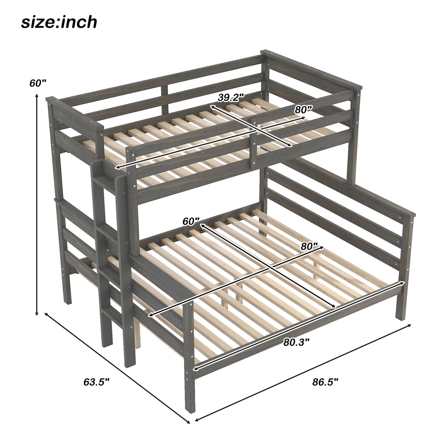 Merax Twin XL Over Queen Bunk Bed, Wood Detachable Bunk Bed with Ladder & Full Length Gardrails for Adults, No Box Spring Needed,Space Saving, Gray