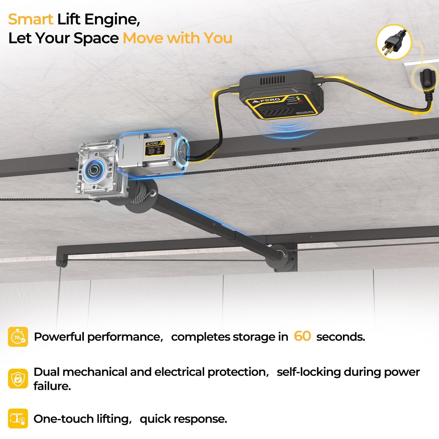 FERO Motorized Overhead Garage Storage Rack with Remote Control, Heavy-Duty Ceiling Mounted Organizer, 4x8 FT Ceiling Storage Lift System, Space-Saving Hanging Garage Shelves, 325 LBS Capacity