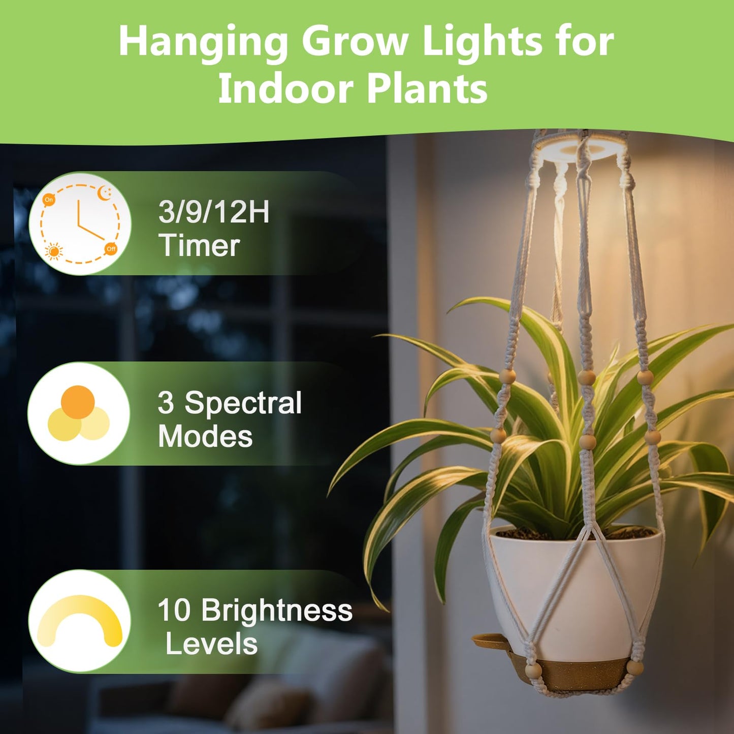 Hanging Planters for Indoor Plants: 2 Pack Macrame Plant Hangers with Grow Lights and Self-Watering Pots, Large Hanging Pots with Drainage Holes & Removable Tray（8in White Pot, Daylight Spectrum）