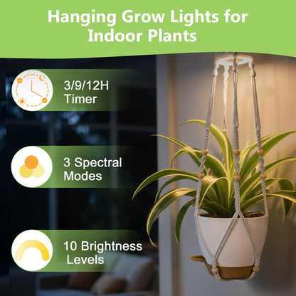 Hanging Planters for Indoor Plants: 2 Pack Macrame Plant Hangers with Grow Lights and Self-Watering Pots, Large Hanging Pots with Drainage Holes & Removable Tray（8in White Pot, Daylight Spectrum）