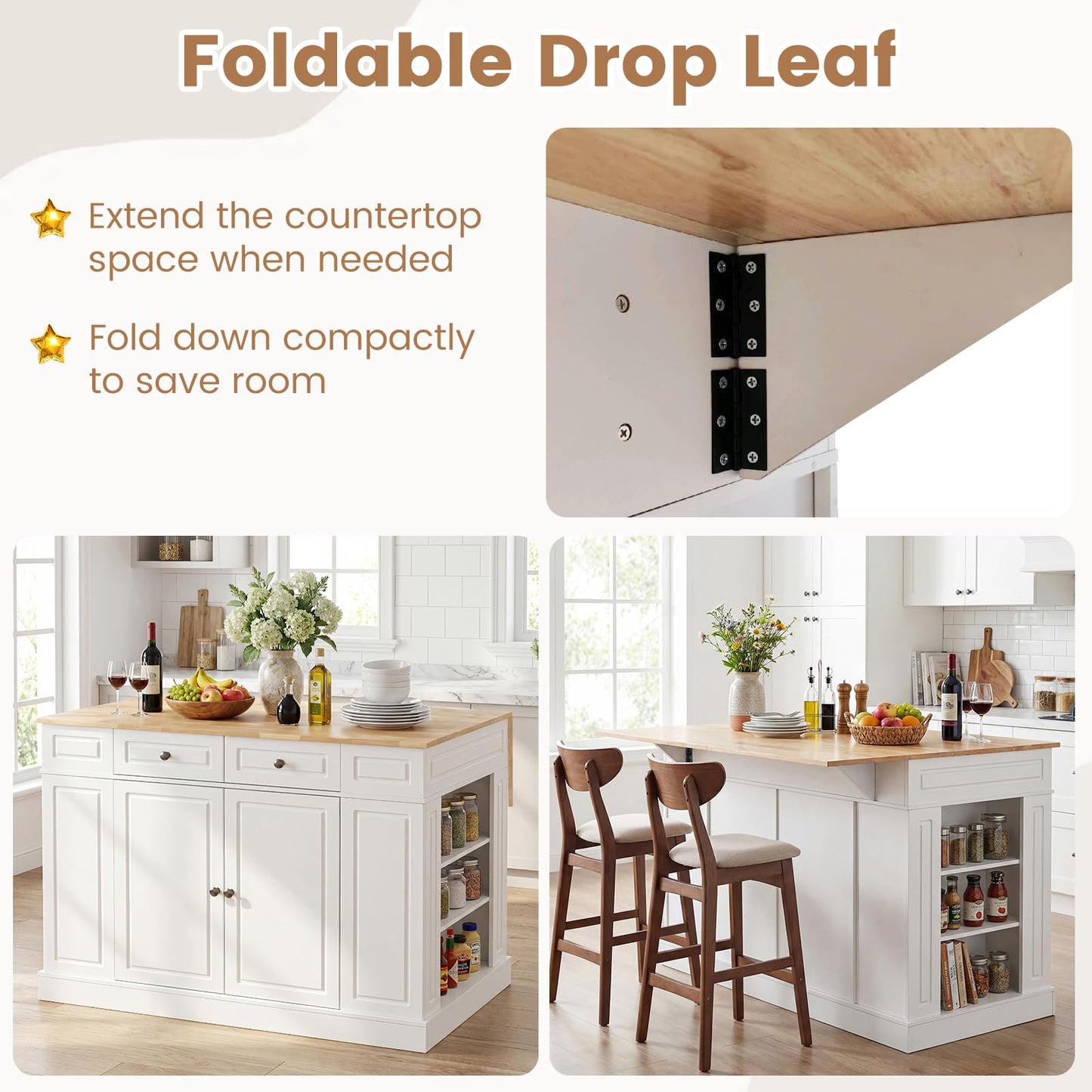 Giantex Kitchen Island with Storage & Drop Leaf, 48" Stationary Island Table with Rubber Wood Top, 2 Drawers, Cabinet, Adjustable Shelf, Butcher Block Island for Living Dining Room, Bar (White)