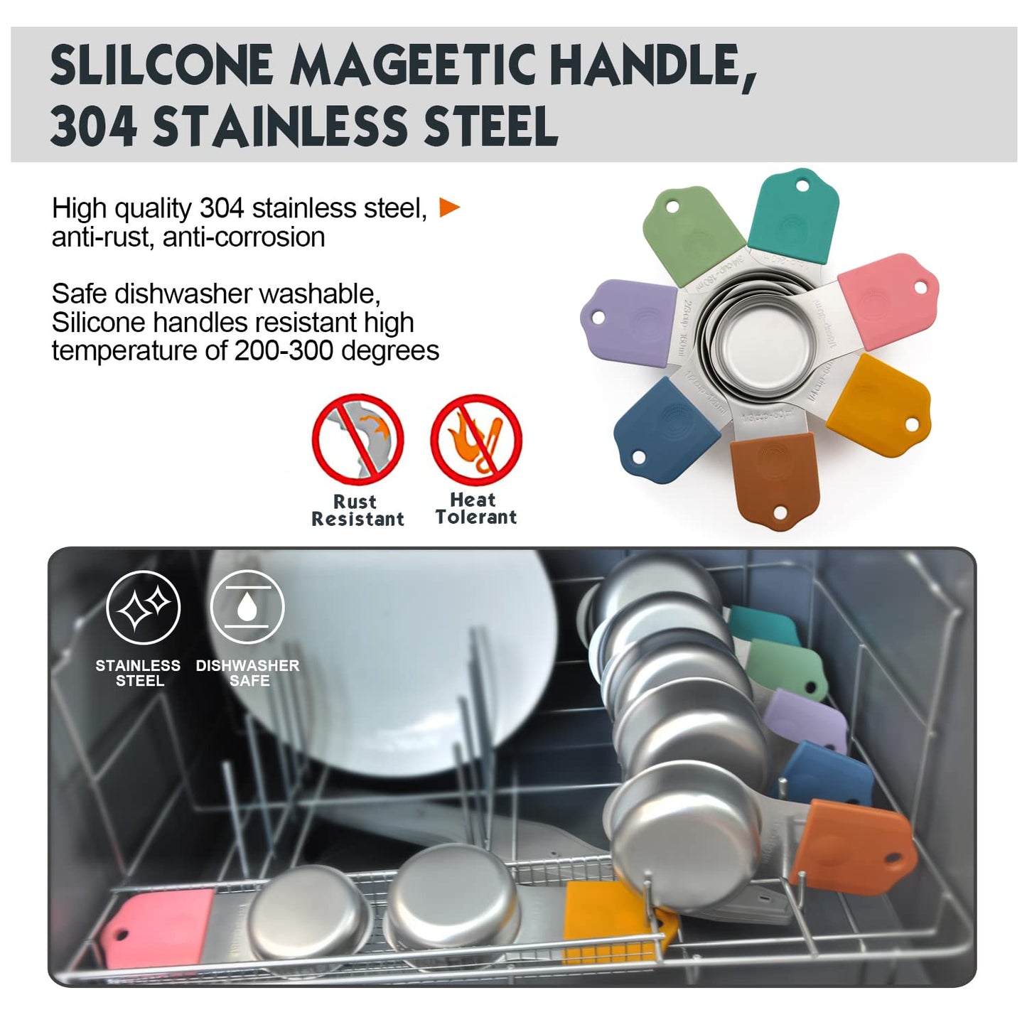 Magnetic Measuring Cups Set, 7 Pieces 18/8 Stainless Steel Stackable Nesting Heavy Duty Measuring Cups, kitchen Tools, Perfect for Dry and Liquid Ingredients, Dishwasher Safe (Muticolour, 7 set)