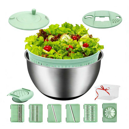 VVAKAM 5.3QT Salad Spinner Large,Stainless Steel Lettuce Spinner,Fruit Vegetables Wash Bowl with 5 Blade Slicer,Egg Yolk Strainer Slicer Shredder,Kitchen Colander for Salad Make and Food Washing