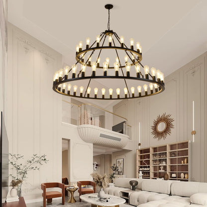WOGON WEEL Wagon Wheel Chandelier 2 Tier 54-Light 60-inch, Farmhouse Industrial Chandelier Black Rustic Pendant Light Fixture Extra Large for High Ceilings, Living Room Foyer