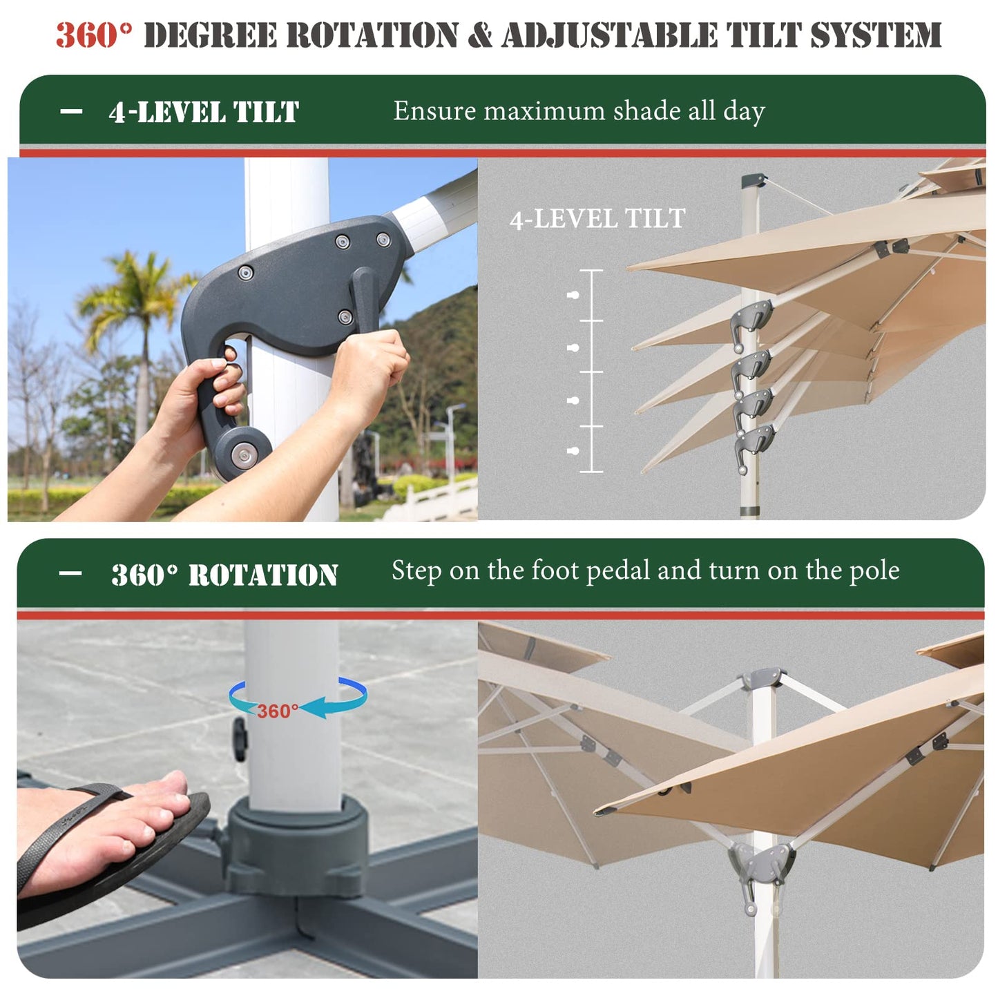 Mojia Cantilever Patio Umbrella with Cross Base and Cover Included - 360° Rotation Large Heavy Duty Offset Outdoor Umbrella with Easy Tilt for Pool Backyard Deck Garden (10x10 FT Khaki)