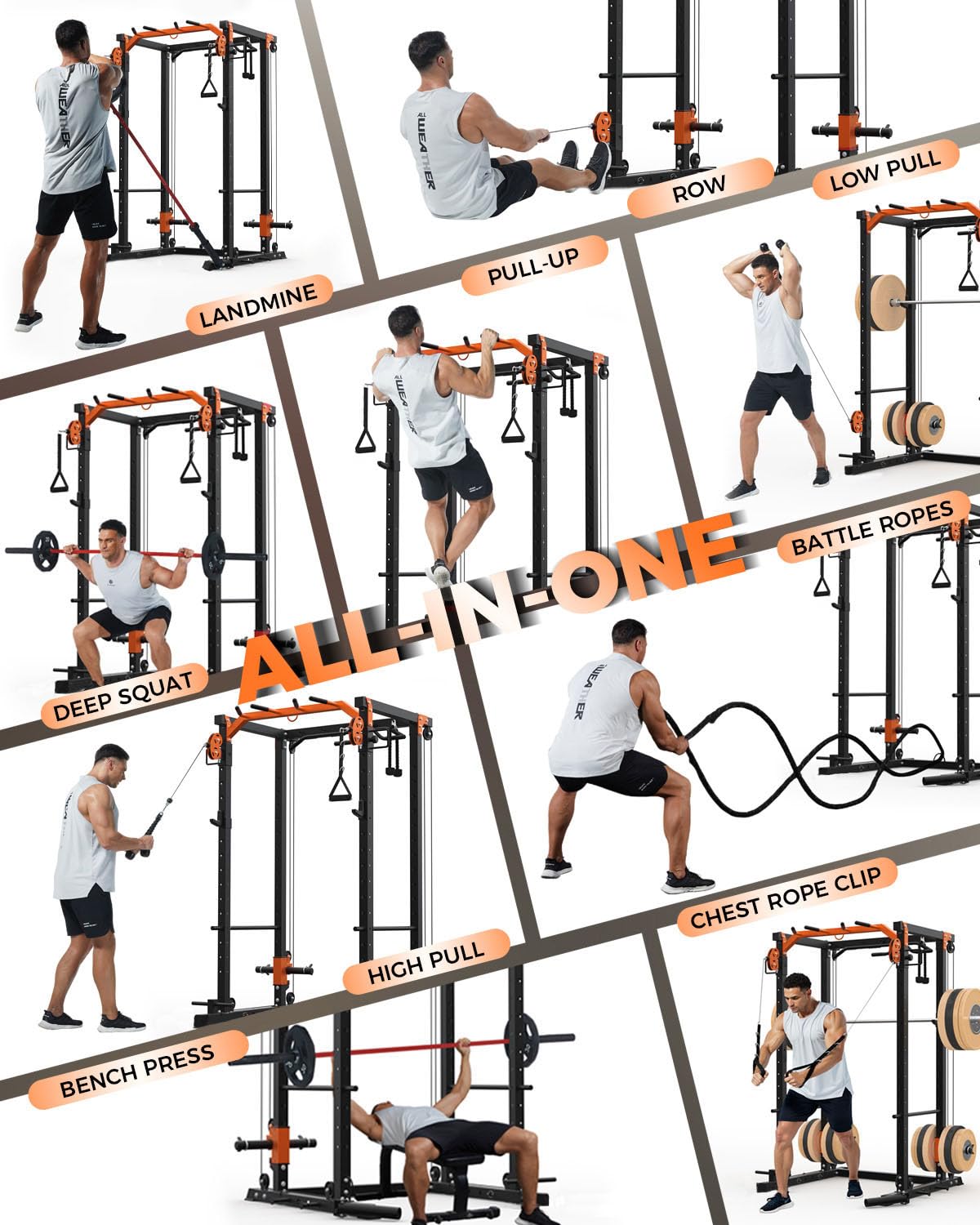 Power Cage, Power Rack with Cable Crossover System, 2000LBS Squat Rack with LAT Pull Down System, Workout Cage with Pulley System for Fitness Home Gym Strength Training, Orange & Black