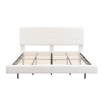 Merax King Size White Boucle Upholstered Platform Bed with Tall Headboard, Modern Floating Bed Frame with LED Lights for Bedroom, Solid Wood Slats Support, No Box Spring Needed, Easy Assembly
