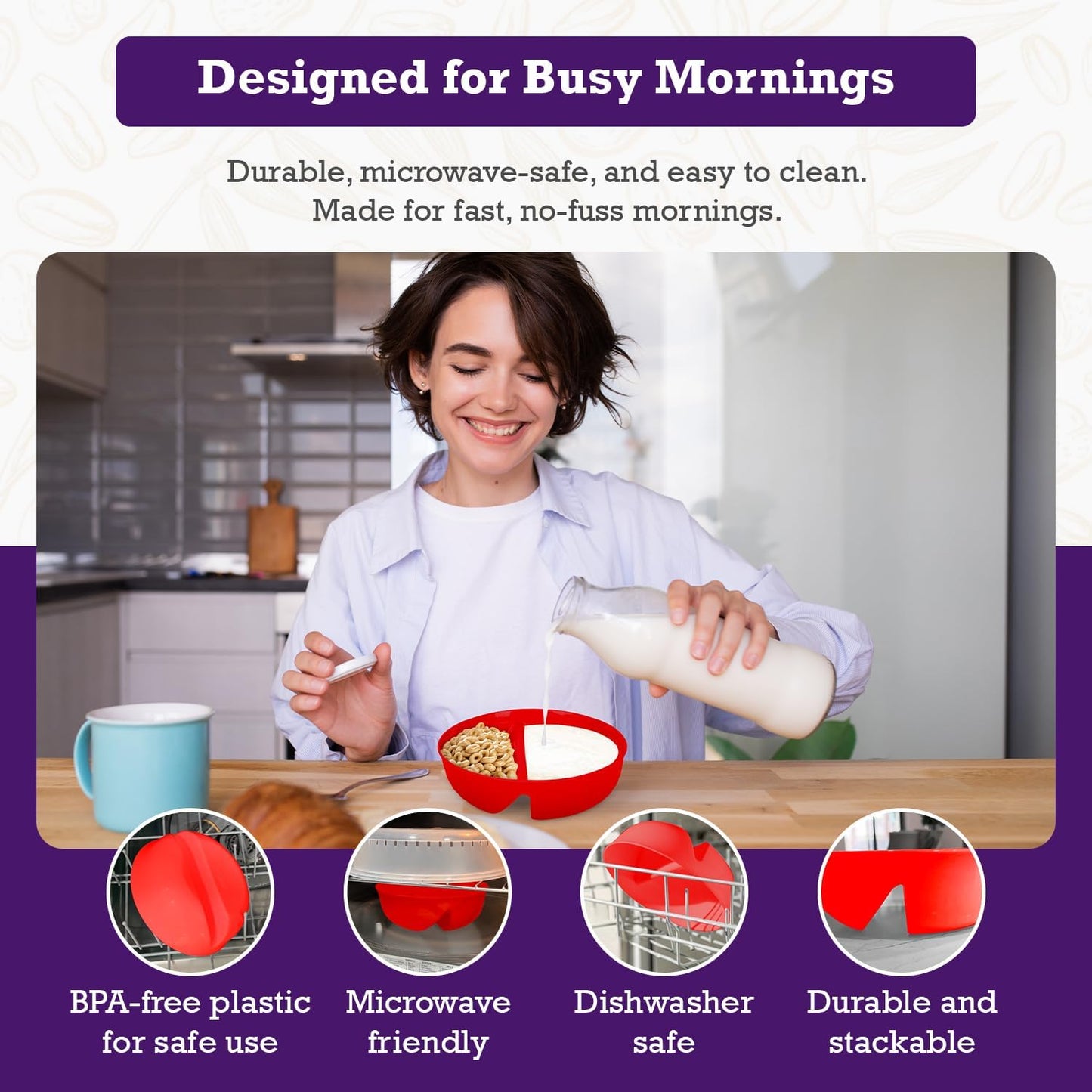 Just Solutions Crunch Anti-Soggy Cereal Bowl - Keeps Cereal Fresh & Crunchy, BPA Free, Microwave Safe, Red