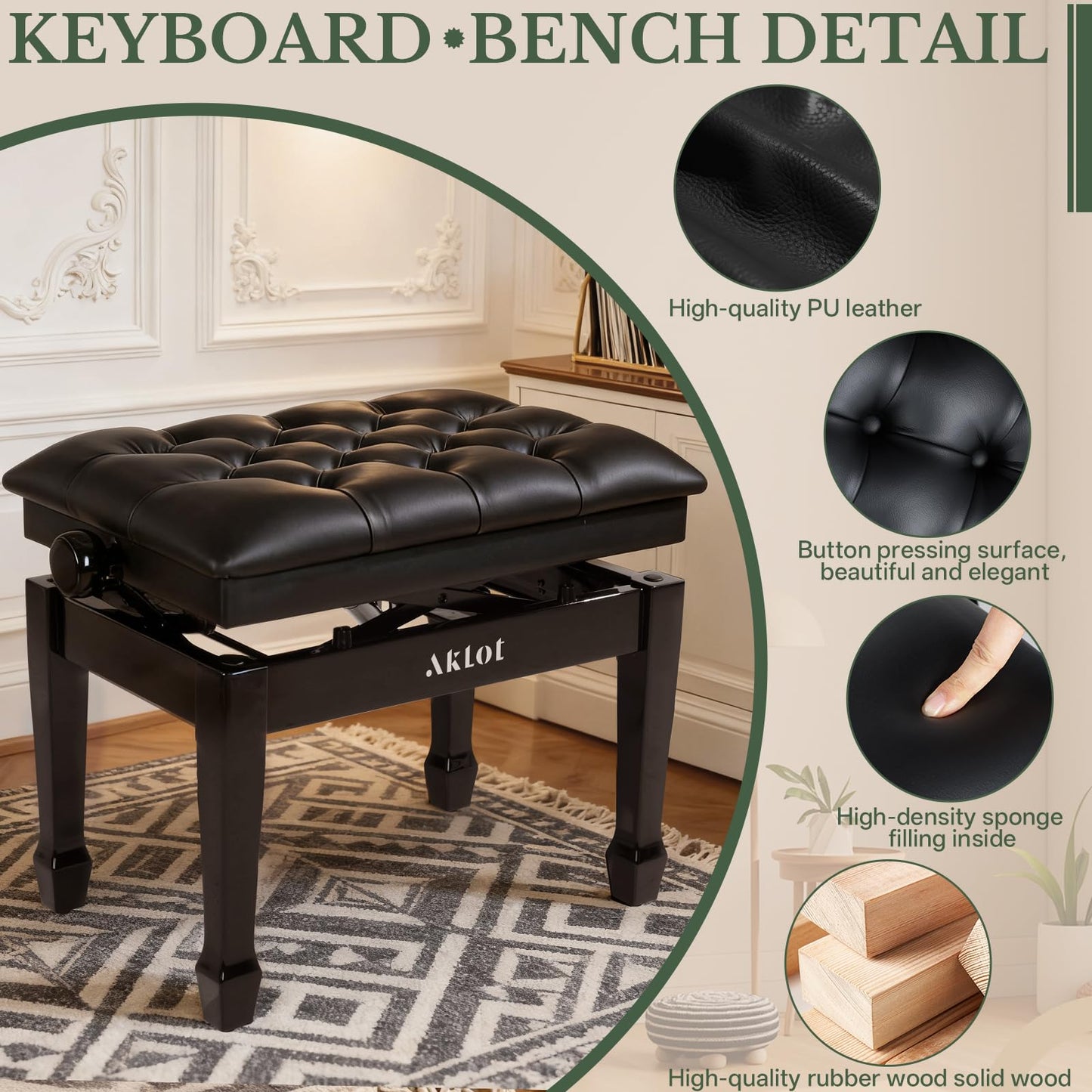 AKLOT Hydraulic Piano Bench, Keyboard Bench with Padded Cushion, Ajustbale Heavy Duty Piano Seat with High-Density Sponge, Piano Stool 23.22"X 15.75" Solid Wooden Piano Chair for Pianist（Black
