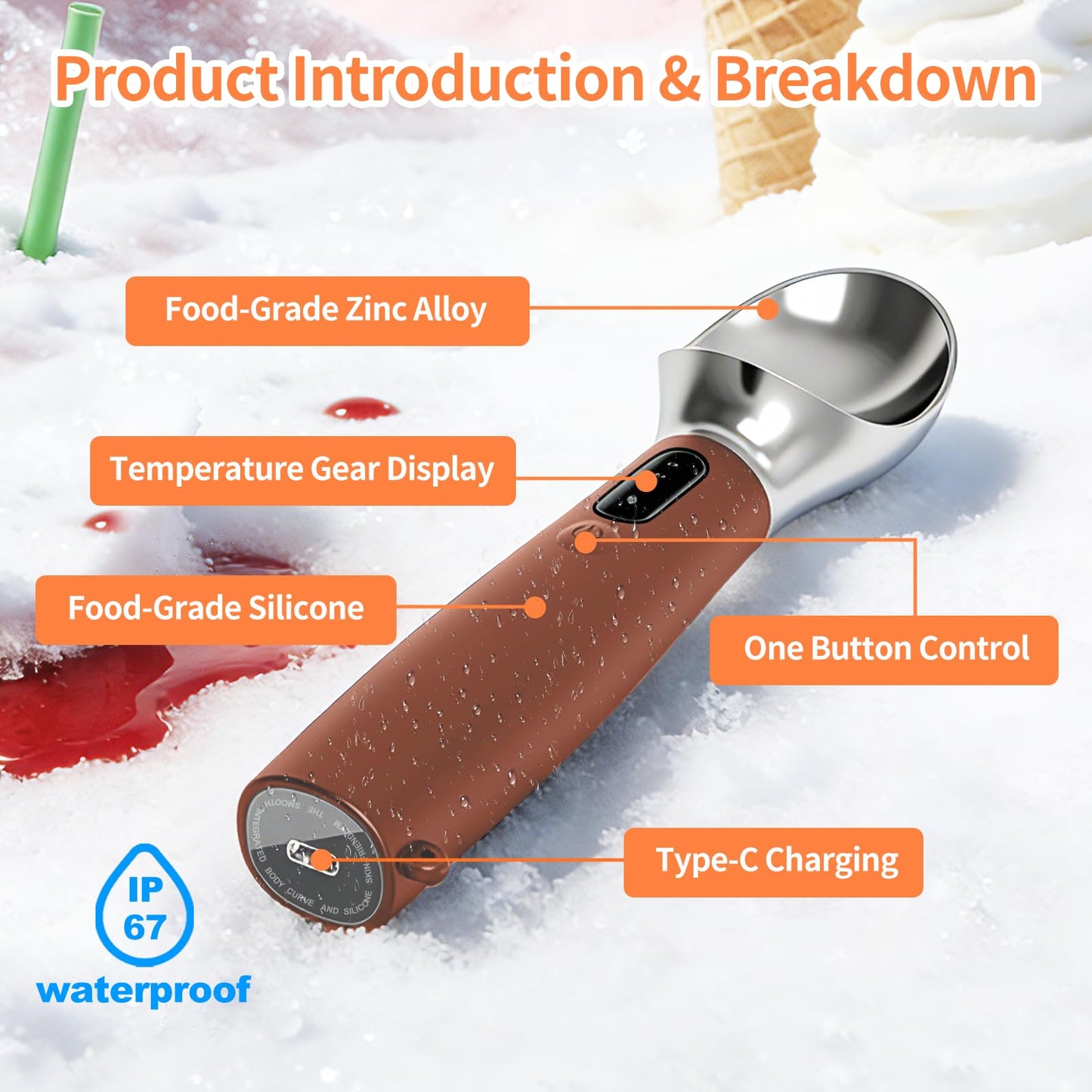 Heated Ice Cream Scoop Rechargeable, IP67 Waterproof Electric Warming Ice Cream Scooper with LED Display, Heats to 70°C for Hard Ice Cream, Easy for Seniors & Kids (Brown)