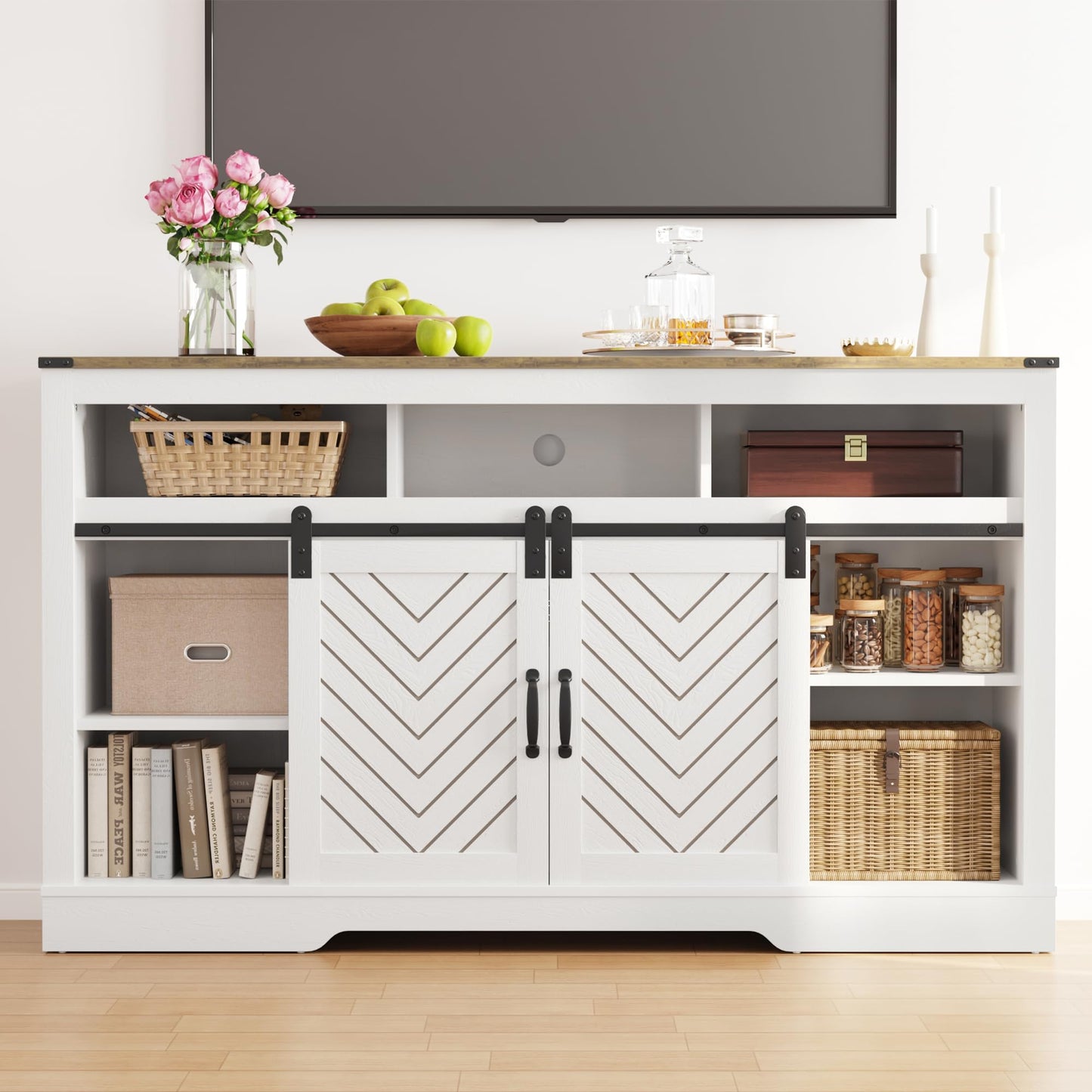 May in color Farmhouse Fireplace TV Stand for 65+ TV, 34" Tall Rustic TV Console with Sliding Bar Door, Entertainment Center with 23" Electric Fireplace with Remote for Living Room, White and Wood Ton